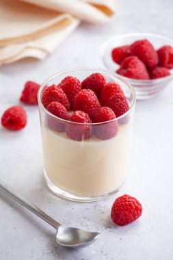 Ev yapımı tatlı panna cotta ve organik ahududu.