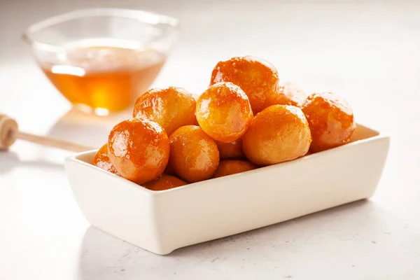 Bunch Homemade Greek Loukoumades Dough Balls Honey Stock Photo