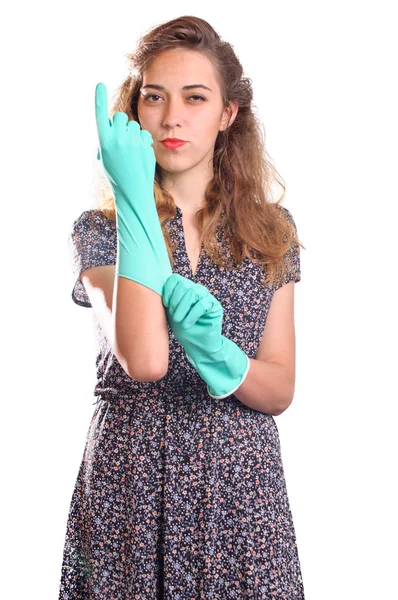 Young housewife cleaner. Over white background — Stock Photo, Image