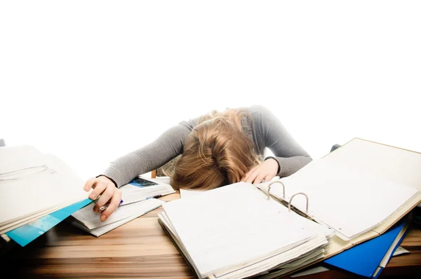 Stressad student revidera för en examen - isolerad på vit bakgrunds — Stockfoto