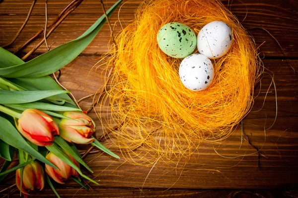 Fåglar ägg i boet med tulpan blommor på vintage trä ba — Stockfoto