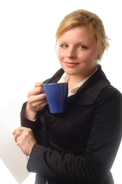 Woman coffee cup isolated close up portrait — Stock Photo, Image