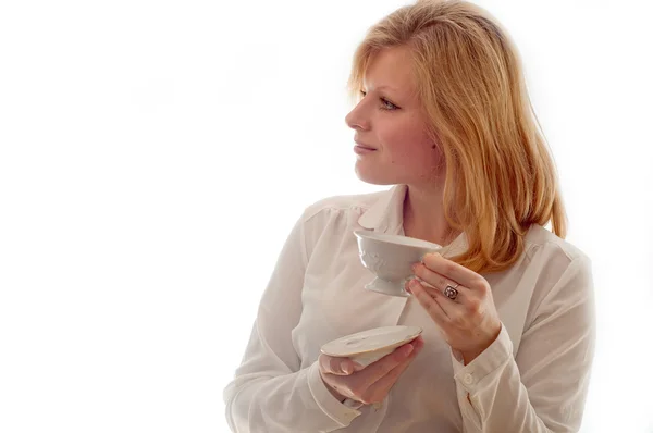 Woman coffee cup isolated close up portrait — Stock Photo, Image