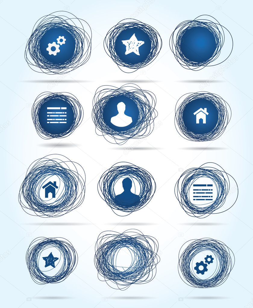 Free-drawn circular business icons in blue