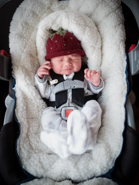 Newborn boy in car seat — Stock Photo, Image