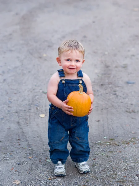 Happy boy holding pumpkin — Stock Photo, Image