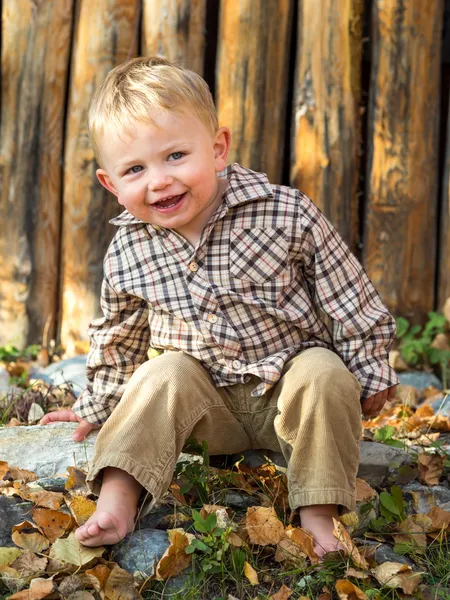 Menino feliz em folhas de outono Fotografias De Stock Royalty-Free