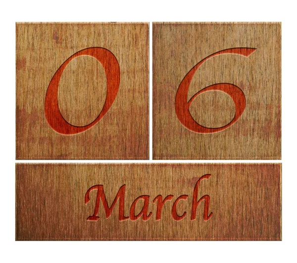Calendário de madeira Março 6 . — Fotografia de Stock