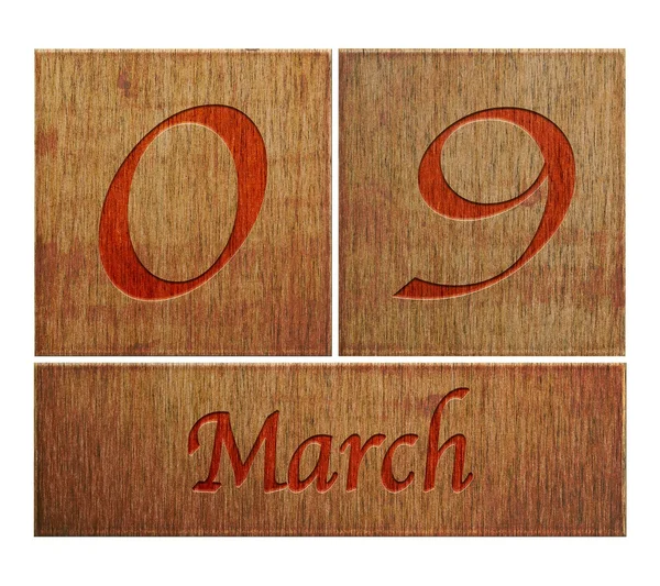 Houten kalender 9 maart. — Stockfoto