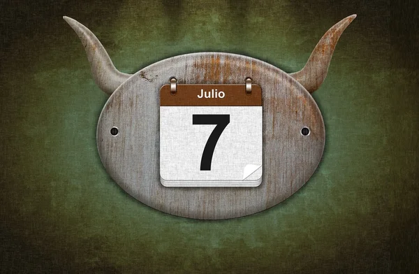 Old wooden calendar with July 7, San Fermin. — Stock Photo, Image