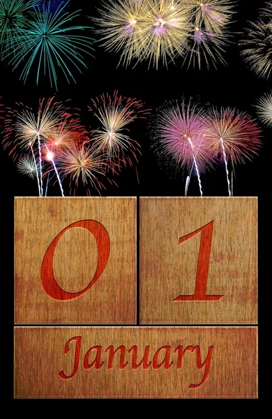 Drewniane kalendarza 1 stycznia. — Zdjęcie stockowe