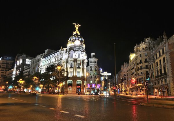 Night view in Gran via street in Madrid, Spain.