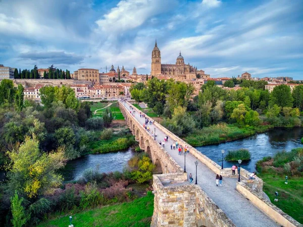 Luchtfoto Van Salamanca Met Kathedraal Achtergrond Romeinse Brug Voorgrond — Stockfoto