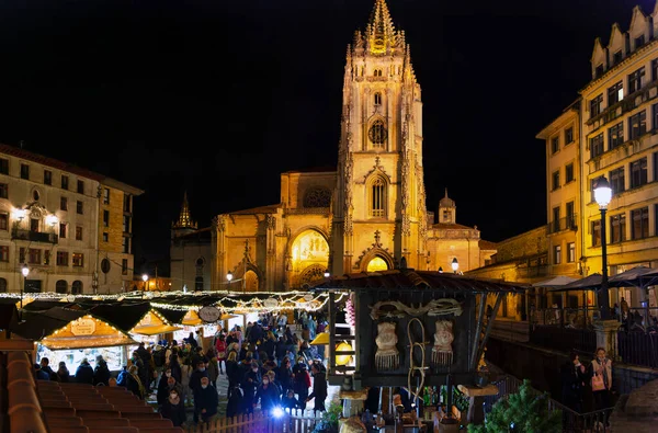 Oviedo Spanje December 2021 Kathedraal Van Oviedo Met Kerstversiering Asturië — Stockfoto