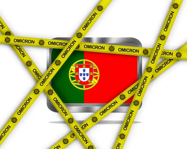 白を基調とした金属製のポルトガル国旗と オミクロンウイルスの黄色いリボンのイラスト — ストック写真