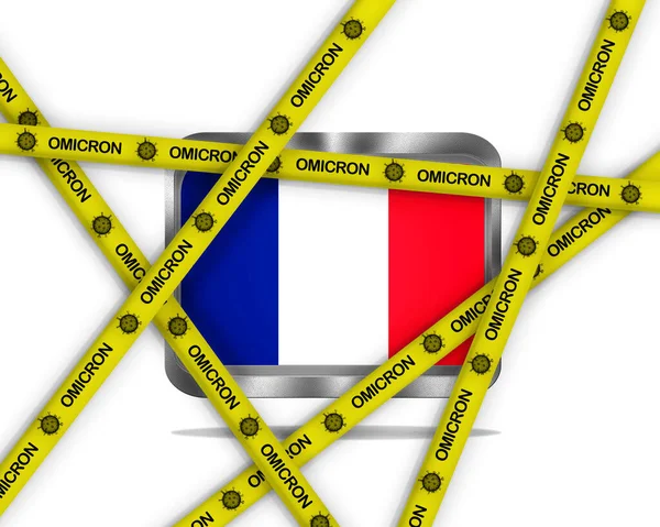 Ilustracja Metalową Flagą Francji Białym Tle Żółtymi Wstążkami Wirusem Omicron — Zdjęcie stockowe