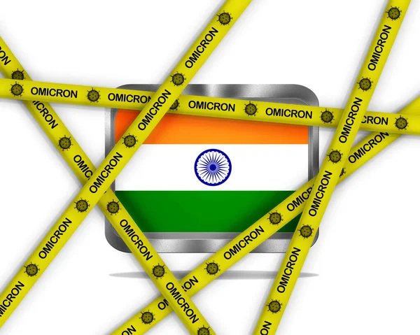 Illustration Metal India Flag White Background Yellow Ribbons Omicron Virus — Stock Photo, Image