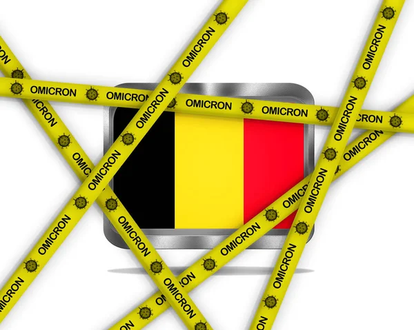 Иллюстрация Металлическим Флагом Бельгии Белом Фоне Желтыми Лентами Вирусом Омикрон — стоковое фото