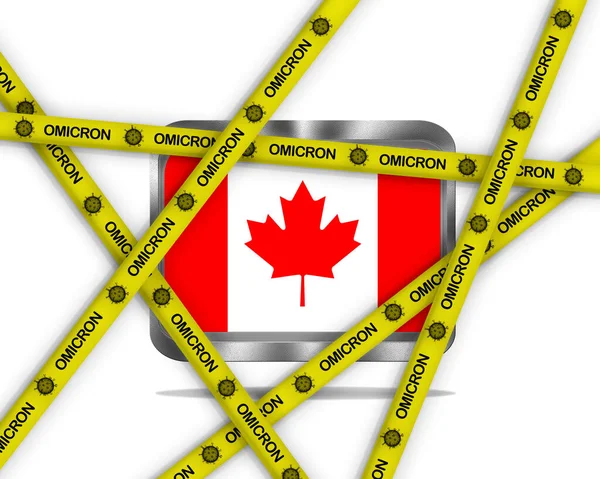 Beyaz Arka Planda Metal Kanada Bayrağı Omicron Virüslü Sarı Kurdeleler — Stok fotoğraf