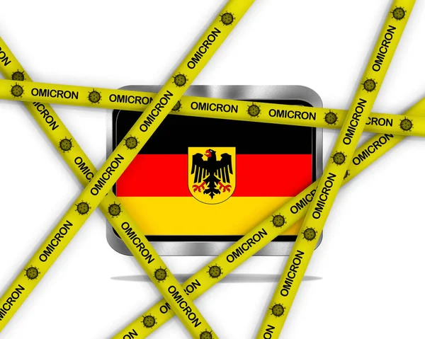 Ілюстрація Металевим Прапором Німеччини Білому Тлі Жовтими Стрічками Вірусом Omicron — стокове фото