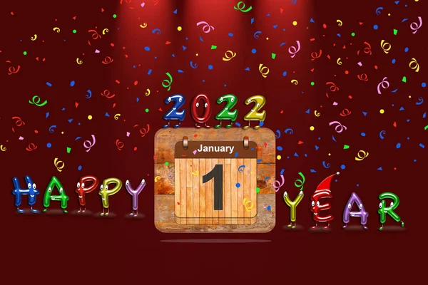 Wooden Calendar First January 2022 Year Colorful Text Happy Year — Stock Photo, Image