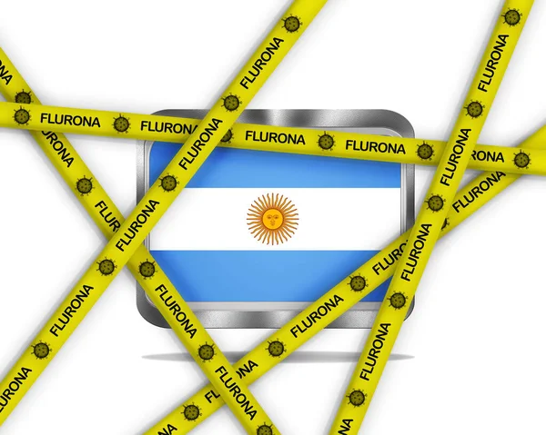 白い背景に金属アルゼンチンの旗とフラウロナウイルスと黄色のリボンでイラスト 風邪やインフルエンザの感染症 — ストック写真