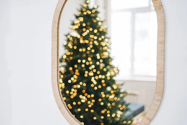 Blurred Photo Decorated Christmas Tree Reflected Mirror Home — Stock Photo, Image