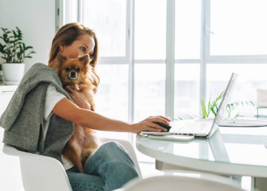 Kırk yaşında genç, güzel, sarışın bir kadın dizüstü bilgisayarla mutfakta çalışıyor evde köpekle oturuyor, uzaktan kumandalı.