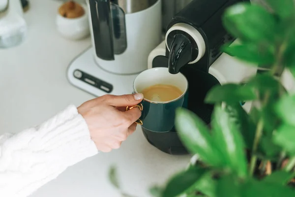 Crop Photo Young Woman Pours Coffee Machine Kitchen Home — стоковое фото