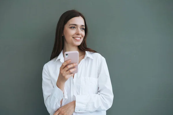 Portrait Beautiful Smiling Woman Student Dark Long Hair White Shirt — Foto Stock