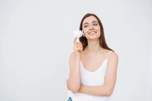 Beauty Portrait Happy Smiling Woman Dark Long Hair Facial Massager Stock Image