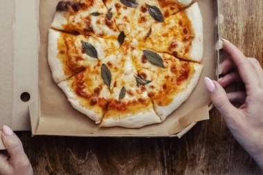 Margarita pizzasının tek kullanımlık bir tabakta yakın çekimi. Fast food lokantasının en iyi yemek manzarası. Fotoğrafta - mozzarella peyniri, domates ve kırmızı fesleğen. Klasik tarif. Aile ve arkadaşlar için yiyecek..