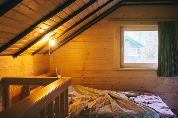 Wooden Room Attic Country House Double Bed Sloped Ceiling Young — Stock Photo, Image