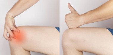 Önce ve sonra. Solda, yaralı bir dizine tutunan bir adam var, ve sağda, doktorlar zaten bir hastayı tedavi ettiler. Kopmuş diz tendonları, kaslar, menisküs hasarı, kemik kırığı veya çatlak.