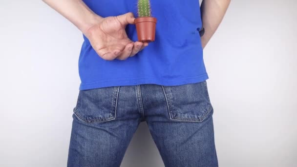 Concept Man Holds Cactus Symbol Rectal Pain Varicose Veins Lower — Stock Video