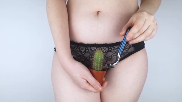 Dívka drží kaktus před svým ochlupením. Symbol strniště a problémy s domácí depilací. Břitva blízko nadbytečných vlasů. Tělesná pozitivita a problémy s ochlupením.