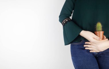 Bir kadın vücuduna yakın çekim. İç organların arka planında bir kaktüs dişi ağrılarını sembolize eder. Rahim, rahim ve yumurtalıklar. Kadın mahrem sağlığı hakkındaki konsept fotoğraf.