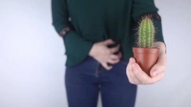 Bir kadın vücuduna yakın çekim. İç organların arka planında bir kaktüs dişi ağrılarını sembolize eder. Rahim, rahim ve yumurtalıklar. Kadın mahrem sağlığı hakkındaki konsept fotoğraf. 