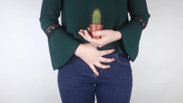 Närbild Kvinnas Kropp Kaktus Mot Bakgrund Inre Organ Symboliserar Kvinnliga — Stockvideo
