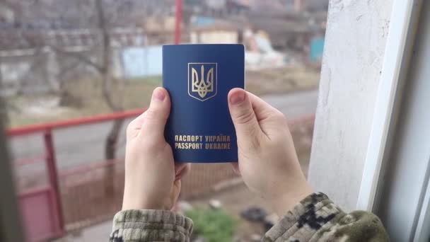 Concept Ukrainian Soldier Camouflage Holding Ukrainian Passport Symbols Country Homeland — Stock Video