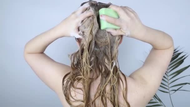 Solides Haarshampoo Nahaufnahme Eines Blonden Mädchens Badezimmer Das Ihre Haare — Stockvideo