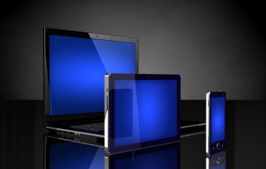 dizüstü bilgisayar, tablet ve siyah mavi ekranlı cep telefonu