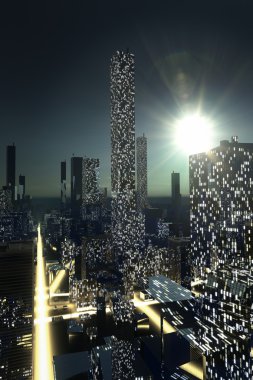 zonsondergang in futuristische stad