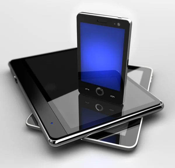 Светящийся мобильный телефон, стоящий на цифровых площадках — стоковое фото