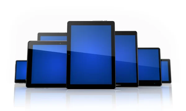 Comprimidos digitais com touchscreens azuis sobre branco — Fotografia de Stock