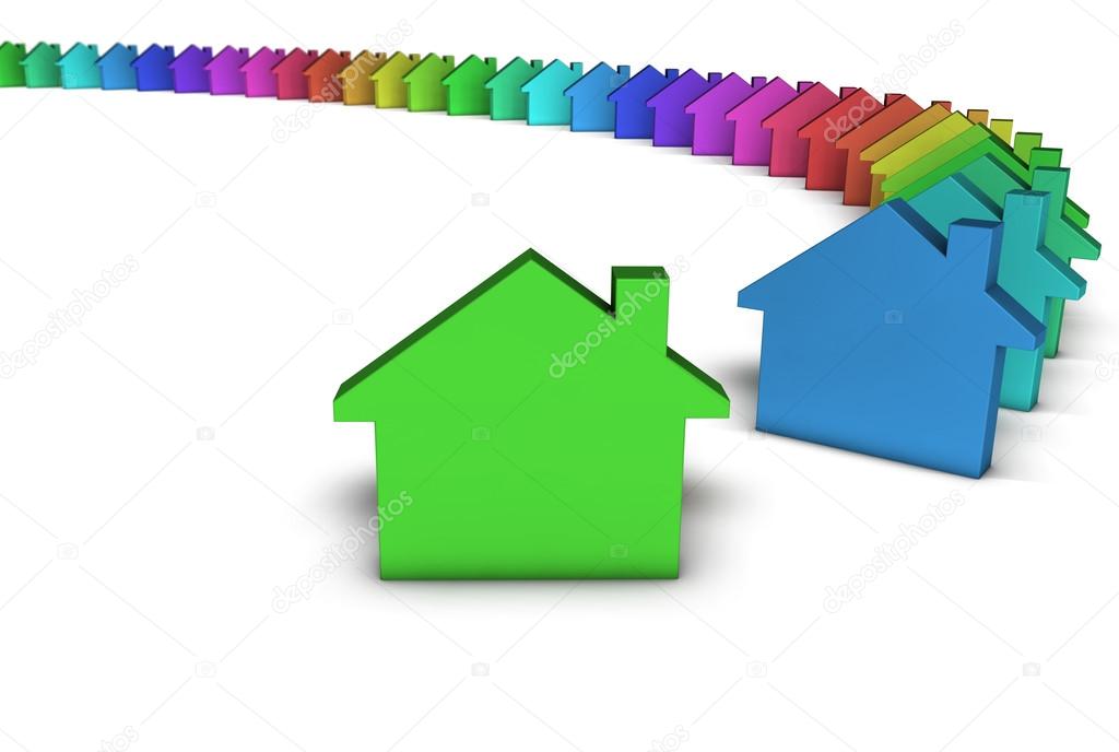 Creative house services and real estate concept with a row of colorful home icons on white background.