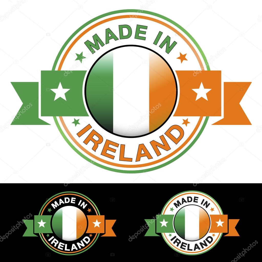 Made in Ireland label and icon with ribbon and central glossy Irish flag symbol. Vector EPS10 illustration with three different badge colors isolated on white and black background.