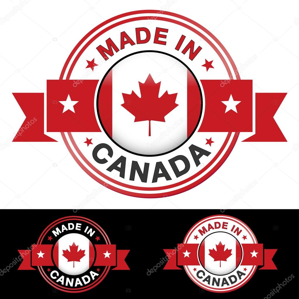 Made in Canada label and icon with ribbon and central glossy Canadian flag symbol. Vector EPS10 illustration with three different badge colors isolated on white and black background.