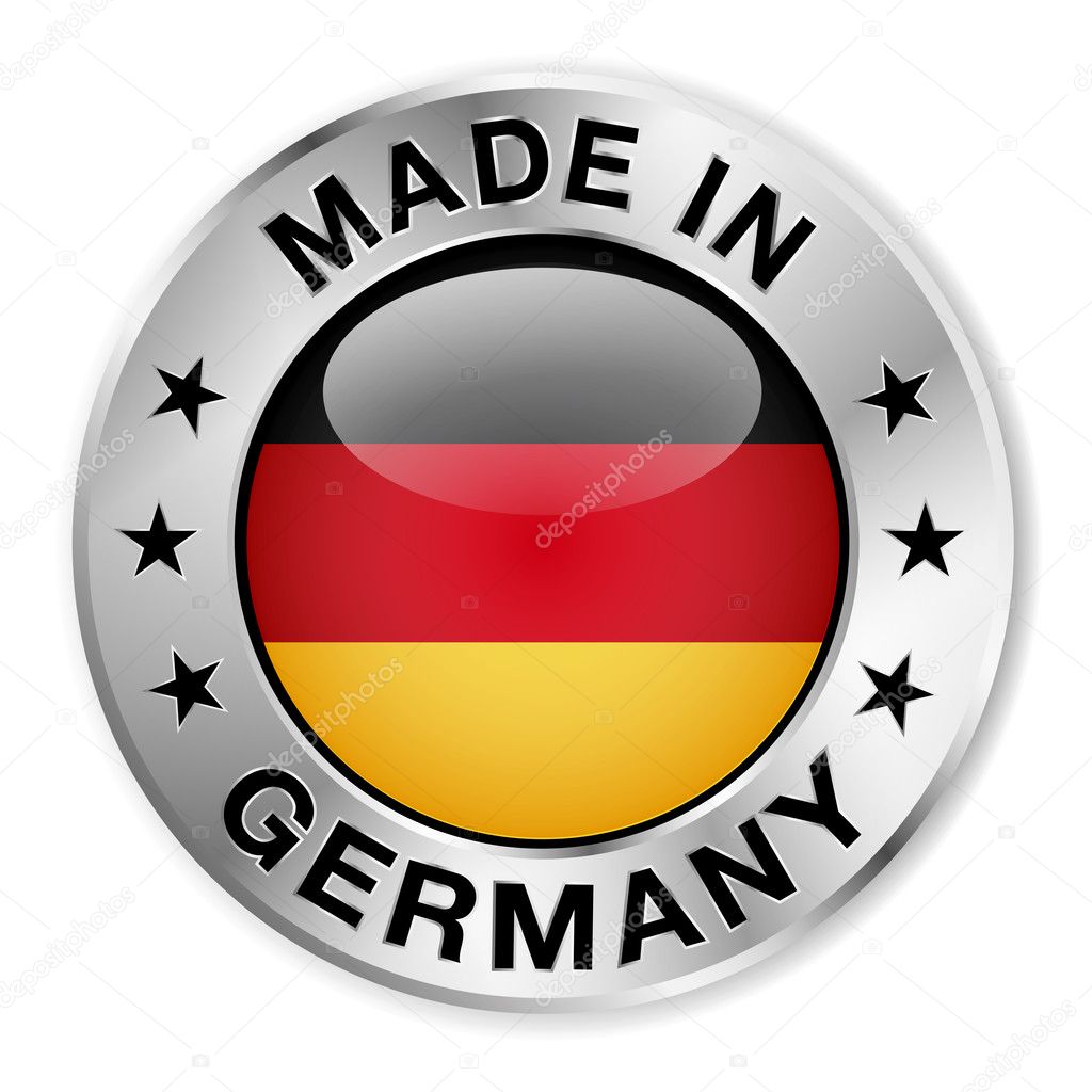 Made in Germany silver badge and icon with central glossy German flag symbol and stars. Vector EPS10 illustration isolated on white background.
