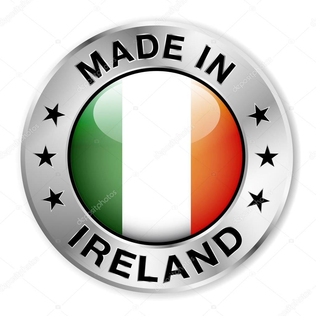 Made in Ireland silver badge and icon with central glossy Irish flag symbol and stars. Vector EPS10 illustration isolated on white background.